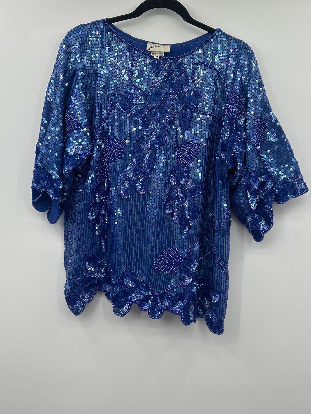 Vintage Silk Beaded Sequin Top Blue Floral India Medium Boho Evening Glam